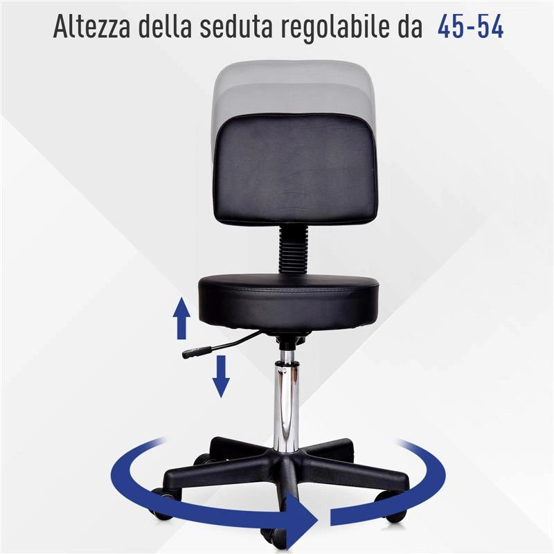 SGABELLO GIREVOLE  CON SCHIENALE DA SALONE IN ECOPELLE ALTEZZA REGOLABILE NERO