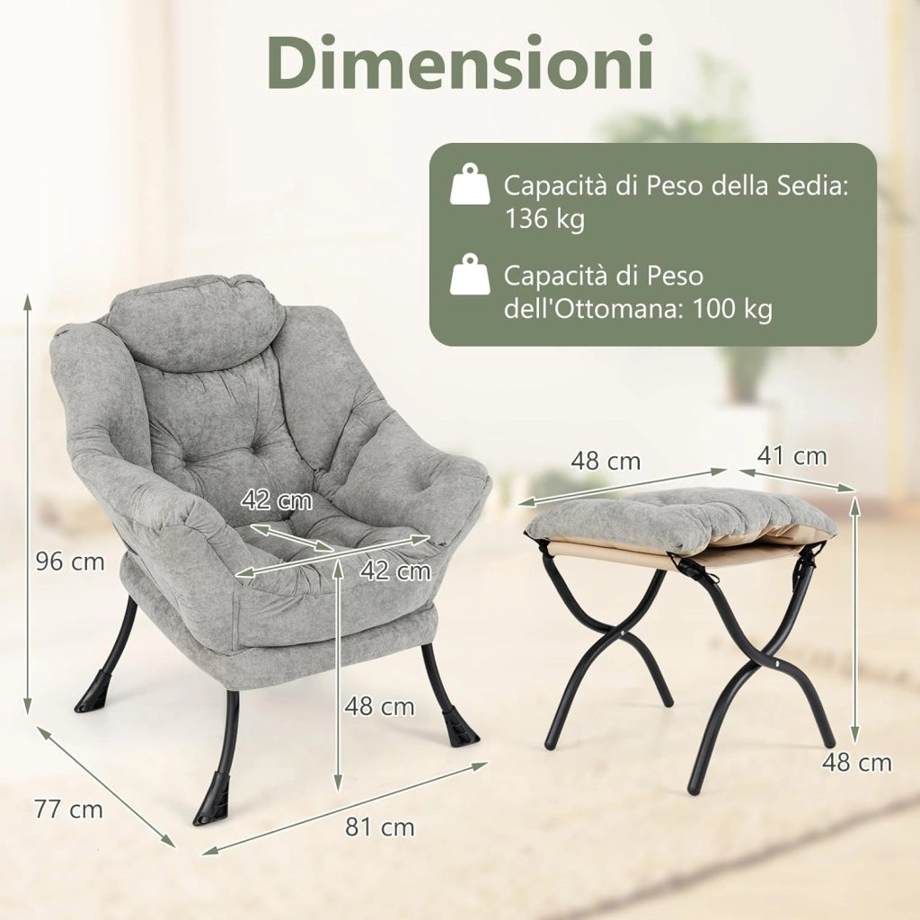 Poltrona Relax, Poltrona da Lettura con Cuscino per Testa, Sedia da Salotto con Poggiapiedi Pieghevole, Tasca Laterale, per Soggiorno, Camera da Letto, Portata 136 kg