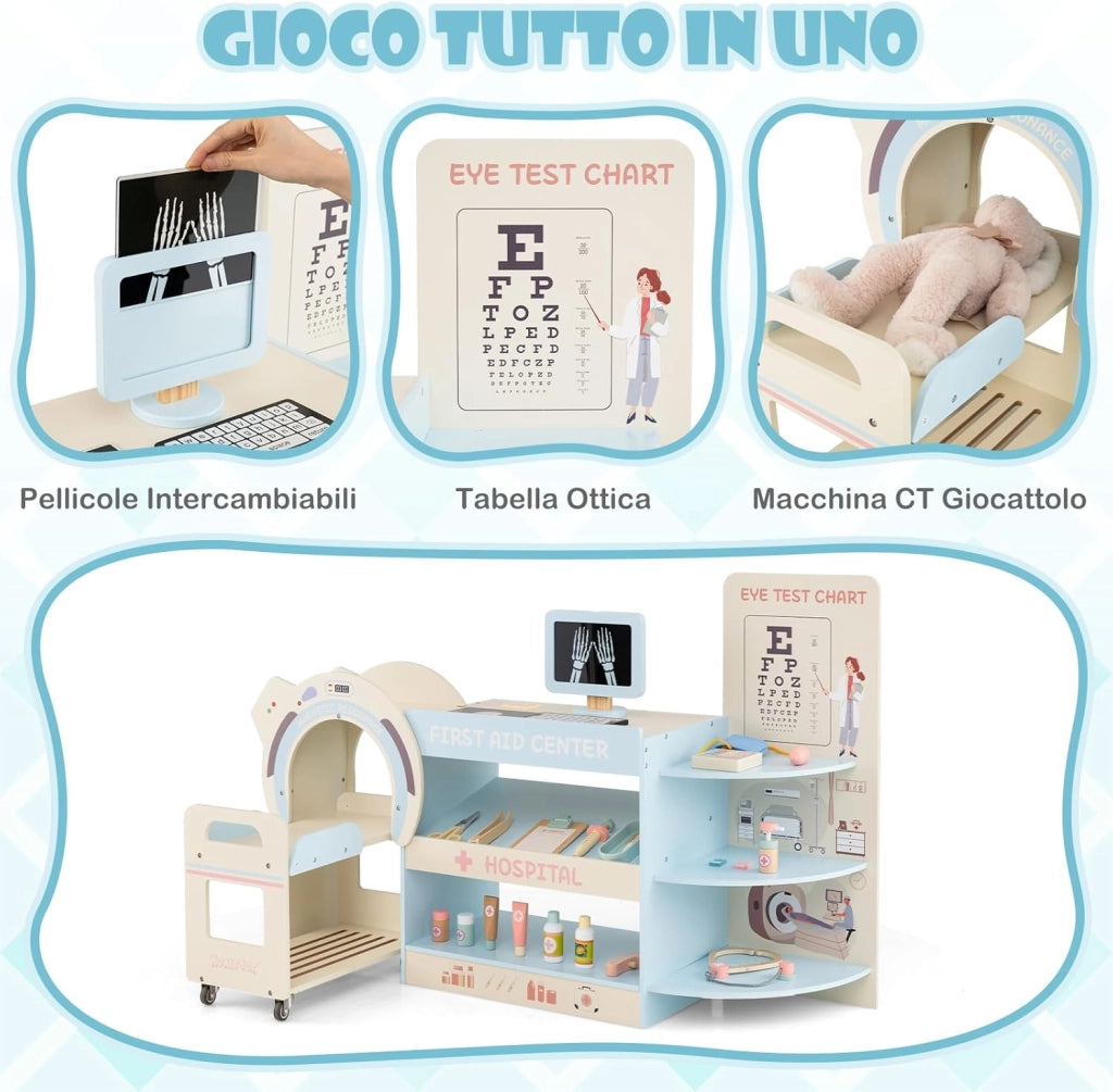 Set Gioco Dottore per Bambini, Medico Giocattolo in Legno con Tabella Oculistica, Macchinario CT e Radiografie, Gioco di Ruolo Medico Educativo con Accessori per Bambini 3+ Anni (Blu)
