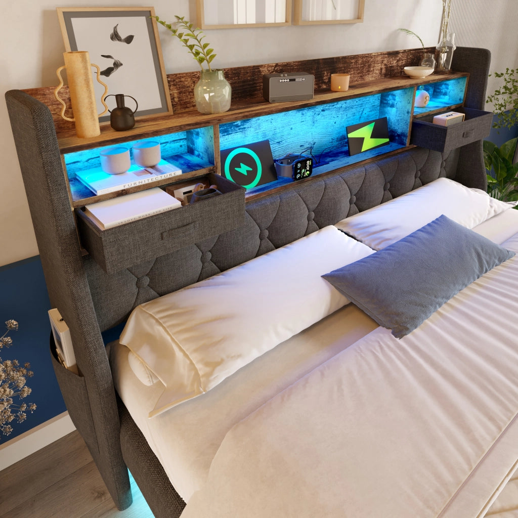 LETTO 180x200 cm in lino grigio con LED, testiera e porta USB