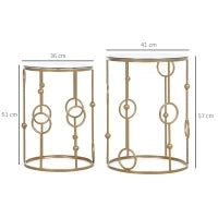 Set 2 Pezzi Tavolini da Caffè Design Elegante con Motivi a Cerchio, Metallo e Vetro Temperato Φ41x57cm & Φ36x51cm, Oro