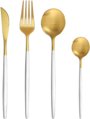 Set di Cucina per 6 Persone, 24 Pezzi, con Argento, Oro, Cucchiaini, Set Completo con Fork, Cucchiaio, Set di Cucina in Acciaio Inossidabile di Alta Qualità, Adatto per Lavastoviglie