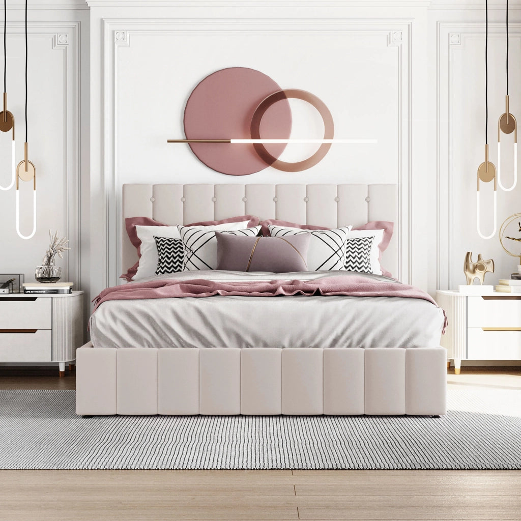 Letto Contenitore 140x200 cm; con Alzata Idraulica; Testiera Imbottita e Velluto Crema