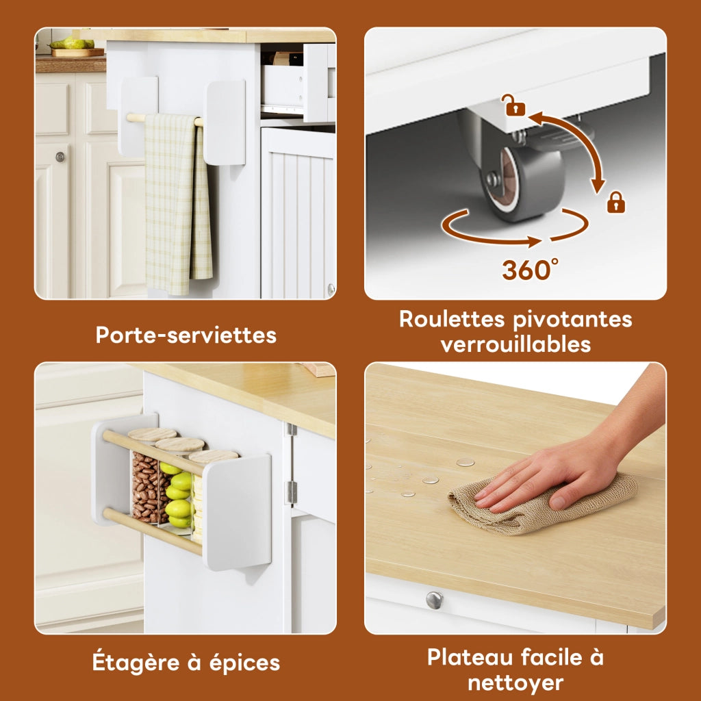 Carrello da cucina con piano ribaltabile; 2 cassetti verticali; 2 cassetti grandi e ruote; per cucina