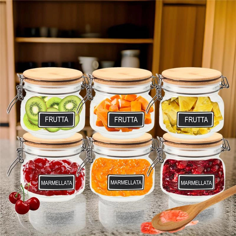 MA MAISON SET 6 PURE GLAS BARATTOLI IN VETRO CON TAPPO IN LEGNO CHIUSURA A CLIP + ETICHETTA PER PERSONALIZZAZIONE 12X12X11H CM