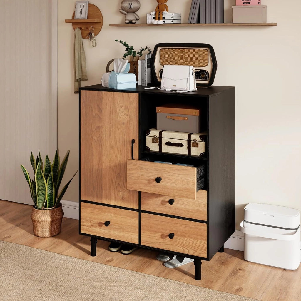 Cassettiera con 4 cassetti, credenza da cucina con piano e vano aperto, credenza da cucina, in legno, 80 x 45,5 x 97,5 cm
