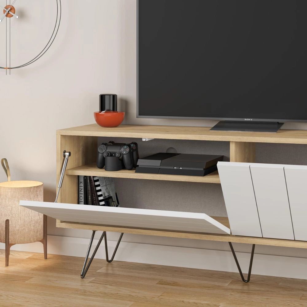 Porta tv Picadilly struttura rovere con 2 ante a ribalta bianche 139.6x35.6x57.5H