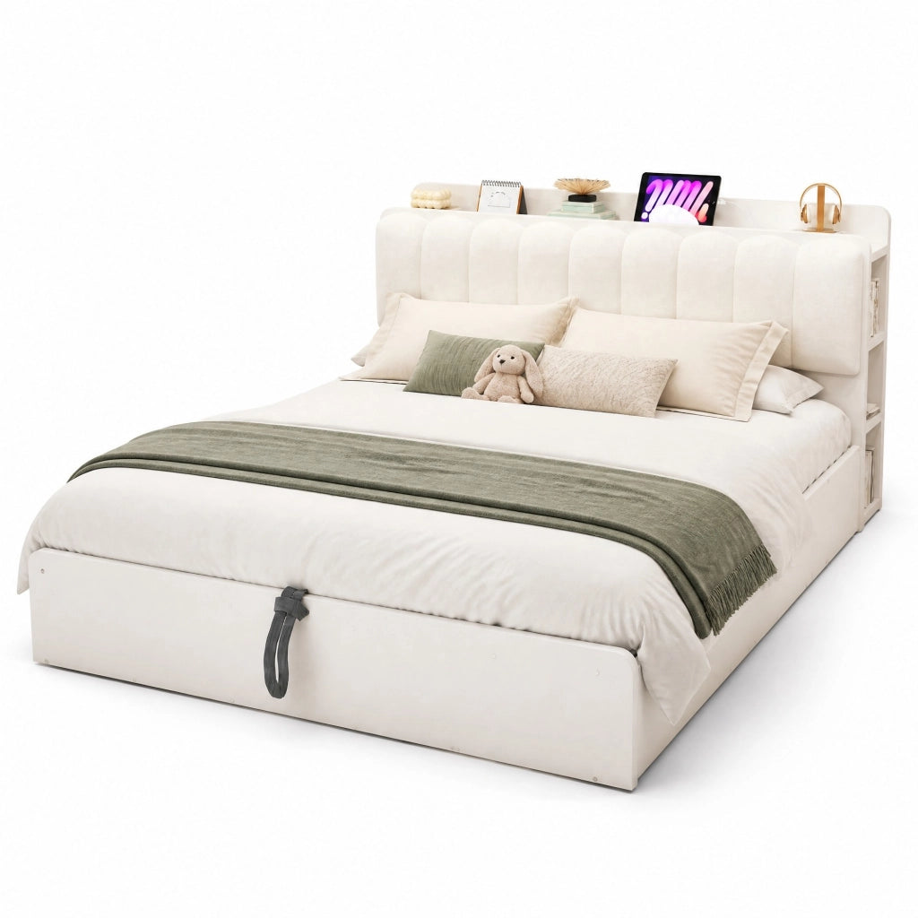 Letto Contenitore; Letto Matrimoniale 180x200 cm con USB e Luce Notturna; Testiera Imbottita