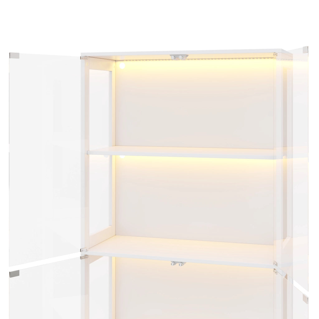 Vetrina con LED da app, 4 ripiani e porte push-to-open, per soggiorno, in MDF e vetro, bianca 80 × 35 × 170 cm