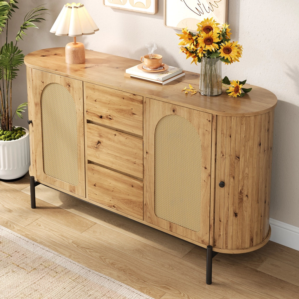 Credenza e madia ovale con ante scorrevoli, 3 cassetti e ripiani regolabili, in MDF e rattan, naturale, 140 × 38 × 77,5 cm