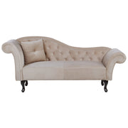 Chaise longue Beige Velluto Bottone Tappezzeria Trapuntata Braccioli Arrotolati versione sinistra con Cuscino