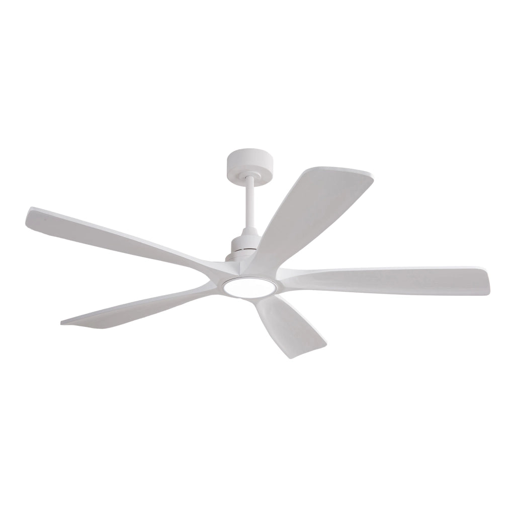 Ventilatore da soffitto bianco con 3 pale in legno; luce LED dimmerabile e motore DC reversibile