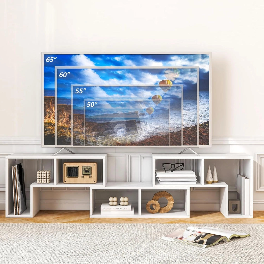 Mobile Porta TV Combinabile con Ripiani Aperti, per TV Fino a 65 Pollici, Mobile TV di Legno per Camera da Letto, Soggiorno, Capacità di Carico Massima 80 kg, 134-180 x 30 x 43 cm (Bianco)