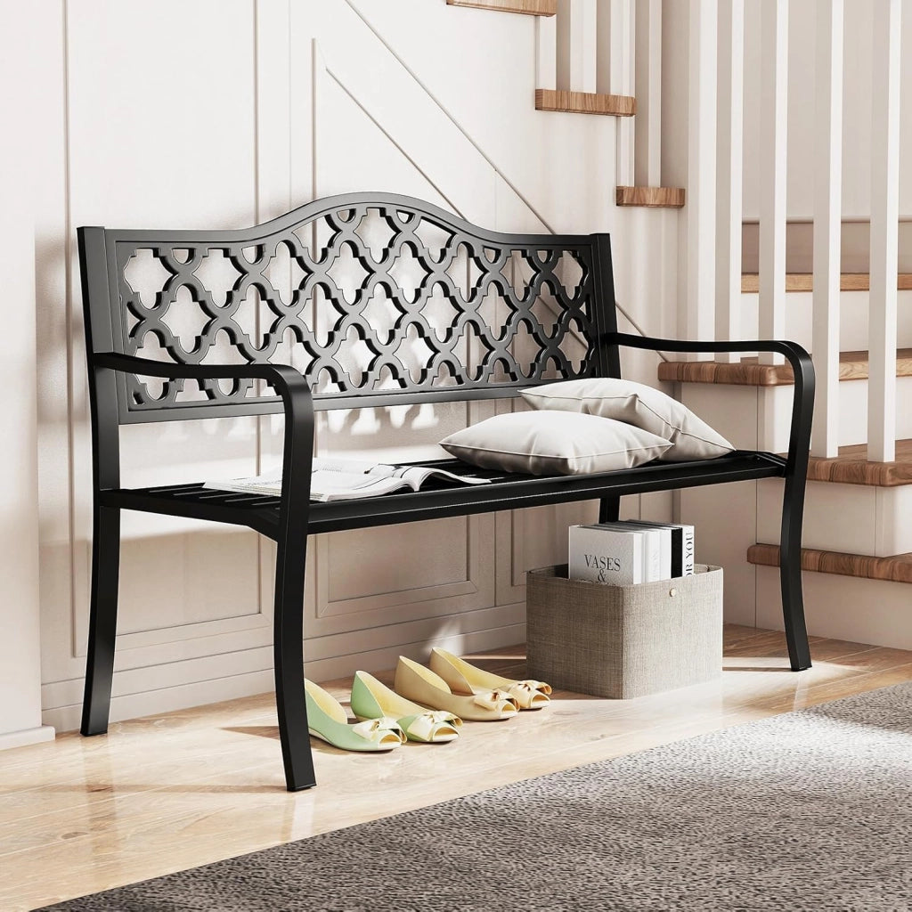 Panchina da Esterno in Metallo 128 x 54 x 89 cm per 2-3 Persone, Panca da Giardino con Doghe e Braccioli Curvati per Piscina e Veranda, Nero