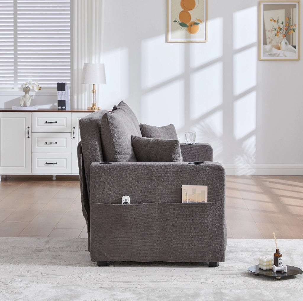 Divano letto multifunzionale in chenille grigio 139x83x58 cm; con cuscini e tasca laterale