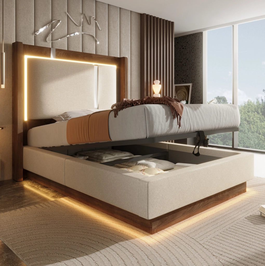 Letto imbottito 90x200 cm con contenitore idraulico, LED e rete a doghe beige e noce