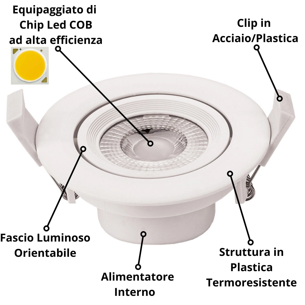 Faretto led incasso orientabile tondo soffitto 5watt driver incluso *** temperatura colore lampada 6000k bianco fredd...