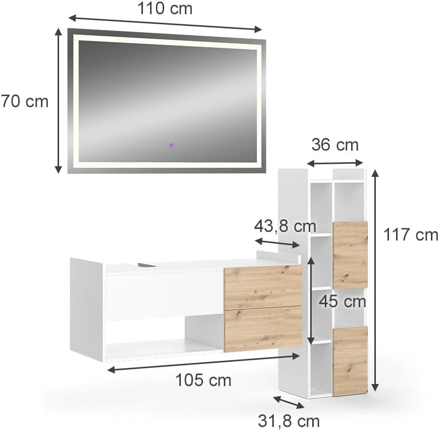 Set di mobili da bagno Alf, Bianco, 105 cm, composto da mobile sottolavabo, specchiera e colonna alta