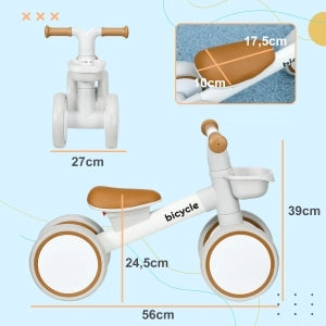 Bici senza pedali, sella regolabile, ruote silenziose, 1-3 anni, fino a 20 kg, marrone/bianco