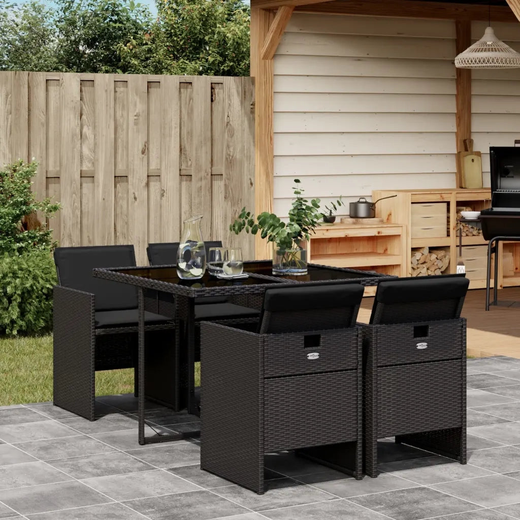 Set da Pranzo da Giardino 5 pz | Set Salotto da Giardino Nero con Cuscini in Polyrattan