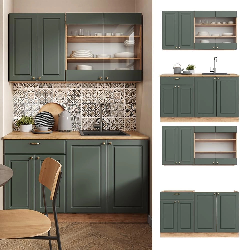 Cucina completa Fame-Line, Quercia verde-oro Country/oro Power, 140 cm senza piano di lavoro, per la libera combinazione con moduli cucina aggiuntivi