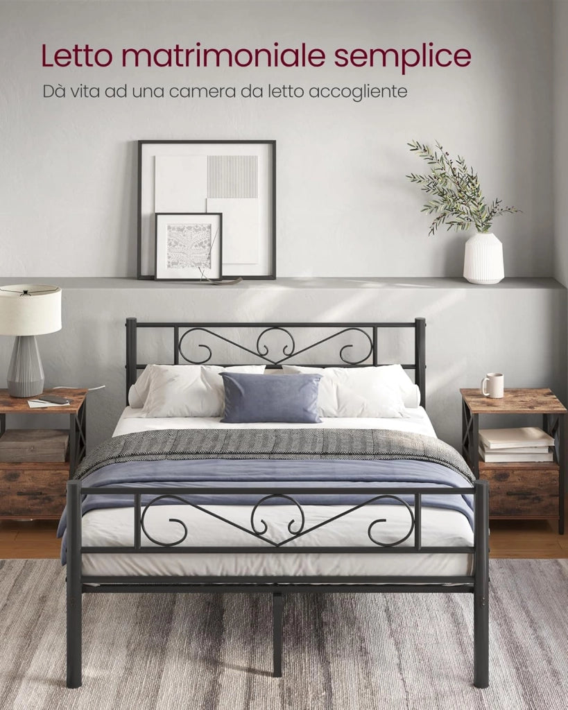 VASAGLE Struttura Letto Matrimoniale, Letto a Doghe in Metallo per Materassi di 140 x 200 cm, per Stanza di Ospiti, Montaggio Facile, per Spazi Piccoli, Nero Inchiostro RMB064B01