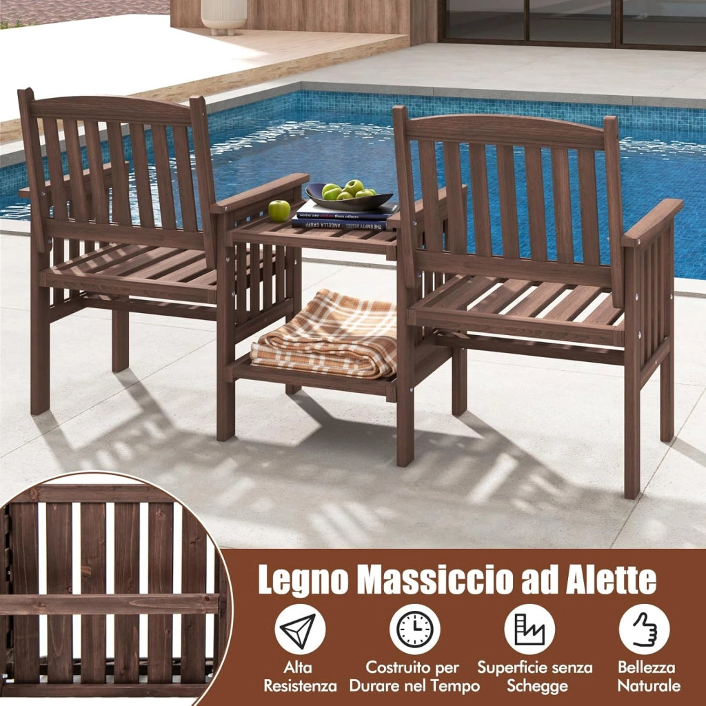 Set Tavolo e Sedie da Giardino con Foro per Ombrellone, Set di Mobili a 2 Posti in Legno Abete, Tavolino a 2 Ripiani, Sedia Portata 150 kg, Tavolino Portata 30+30 kg (Marrone)