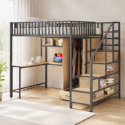 DESMIU Letto a soppalco matrimoniale con scrivania, armadio, cassetti, LED, USB e Type-C 140 × 200 cm senza materasso