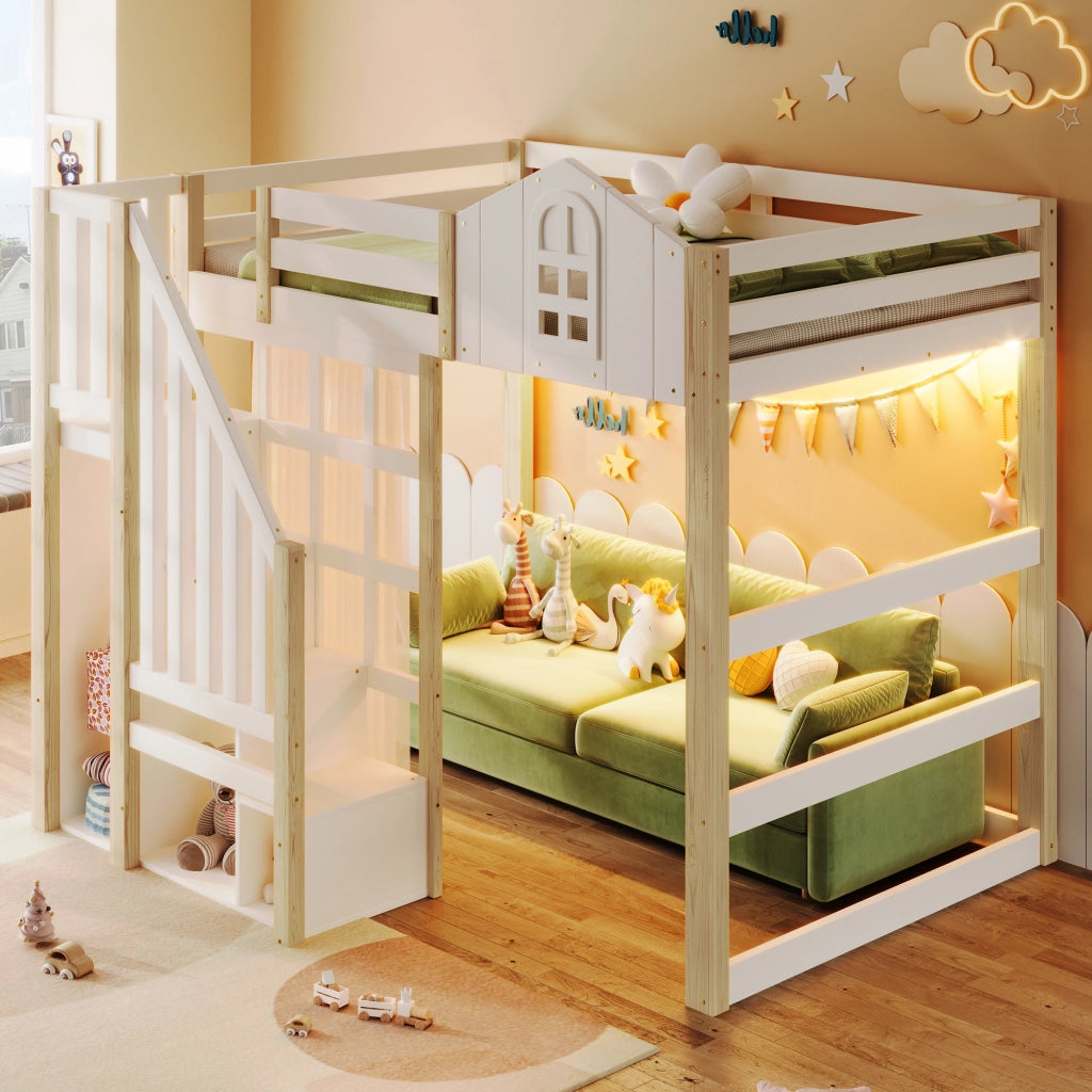 LETTO A SOPPALCO 140x200 cm con luci LED, scala contenitore, Bianco/Naturale