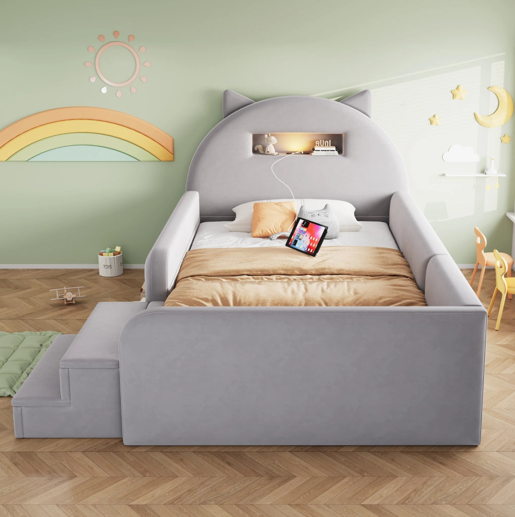 Letto per bambini 90x200 cm con testiera con contenitore; luce notturna e USB; rivestito grigio chiaro