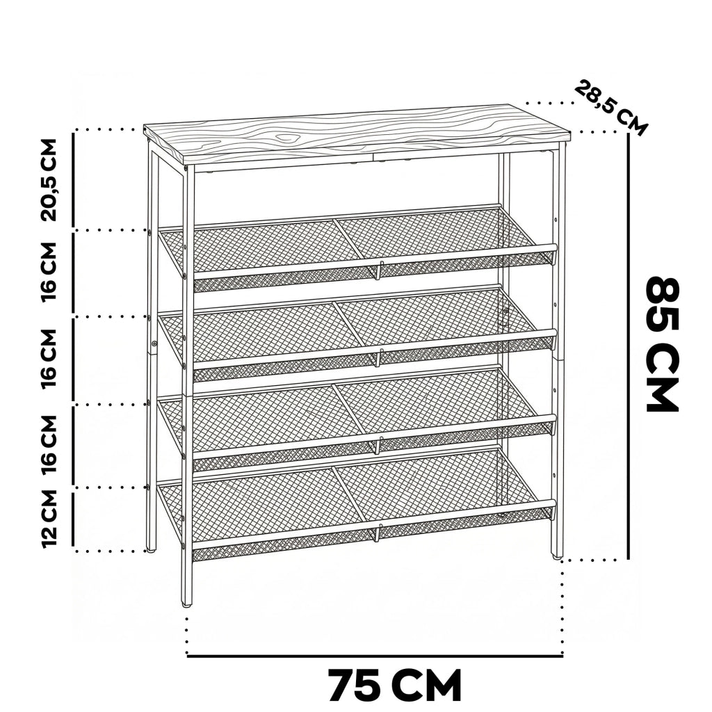 Zen - Scarpiera 4 ripiani 75x85x28,5 cm 12 paia Stile Industriale in Metallo e Legno