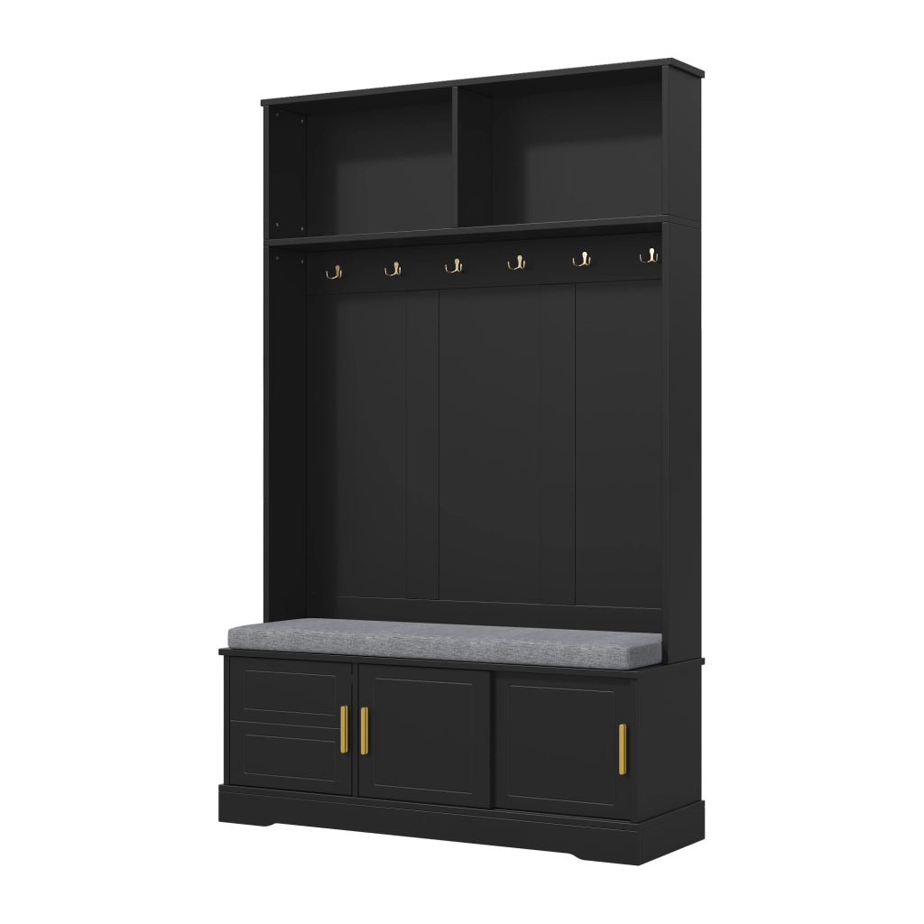 Appendiabiti da ingresso con panca portascarpe, 6 ganci, struttura autoportante, nero, 120¡Á40¡Á191 cm