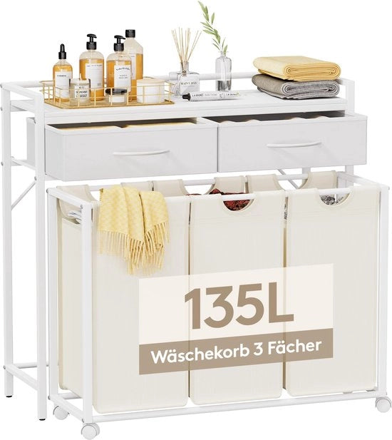 Wasmachine 135L con 3 vani, grande vasca su ruote con piastra e 2 cassetti, organizzatore per vasca con ruote e sacchetto rimovibile per spazio bagno, bianco e beige