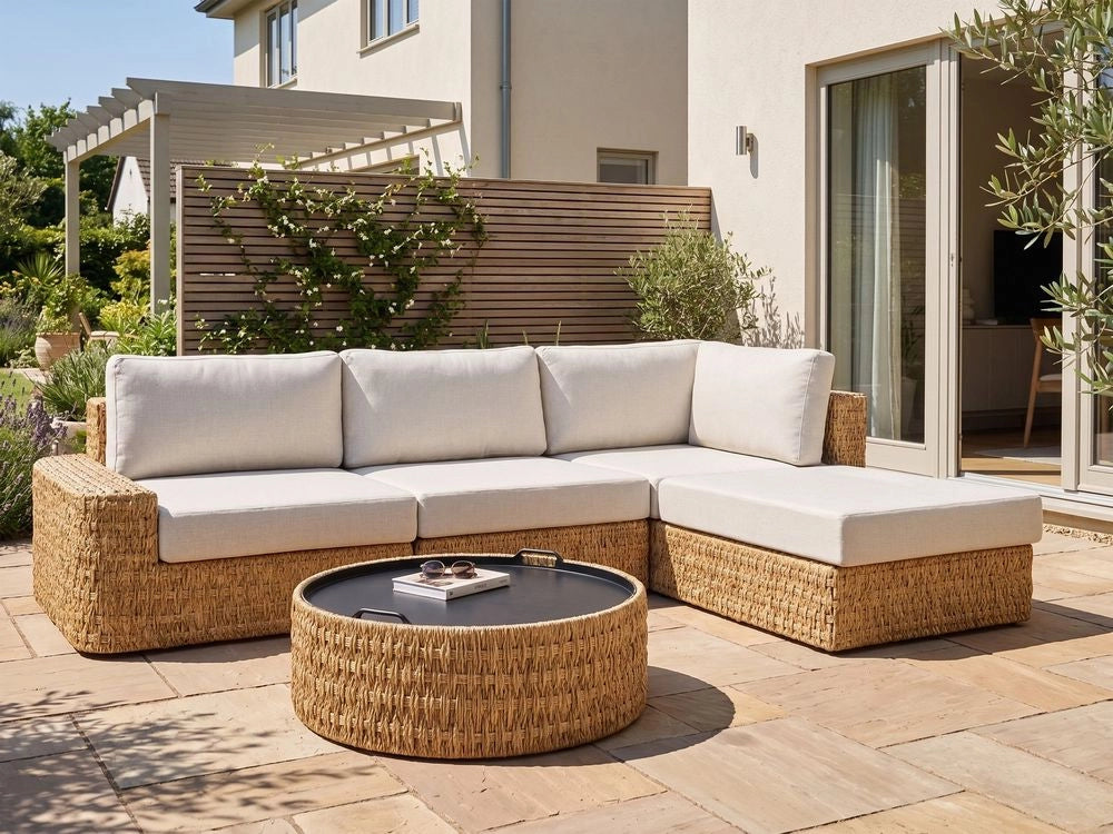 Set da giardino con divano angolare a sinistra, cuscini beige, rattan sintetico, 4 posti, con tavolino dal piano a vassoio