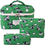 Set di 3 Borse di Trucco con Fiori di Cotone - Grande Capacità Borsa Estetica e Tolettiera per Donne - Valigetta Organizzatore con Cerniera - Cucciolo Verde, 3 pezzi [Grande + Medio + Piccolo]