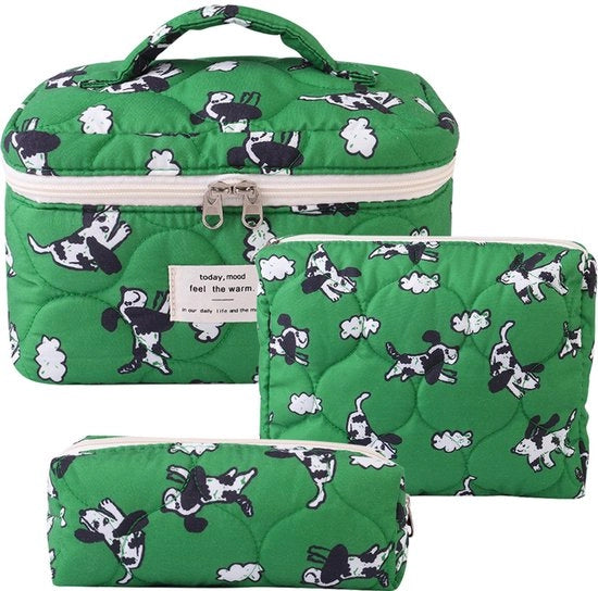 Set di 3 Borse di Trucco con Fiori di Cotone - Grande Capacità Borsa Estetica e Tolettiera per Donne - Valigetta Organizzatore con Cerniera - Cucciolo Verde, 3 pezzi [Grande + Medio + Piccolo]