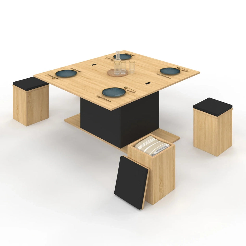 IDMarket - Tavolino rettangolare alzabile trasformabile in tavolo da pranzo EDEN 100 cm in legno e nero con poggiapiedi