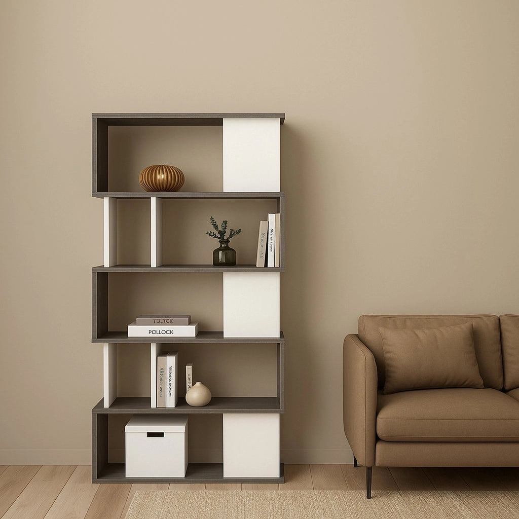 Libreria con 5 ripiani Arg, colore bianco e grigio, Misure 80 x 175 x 29,5 cm