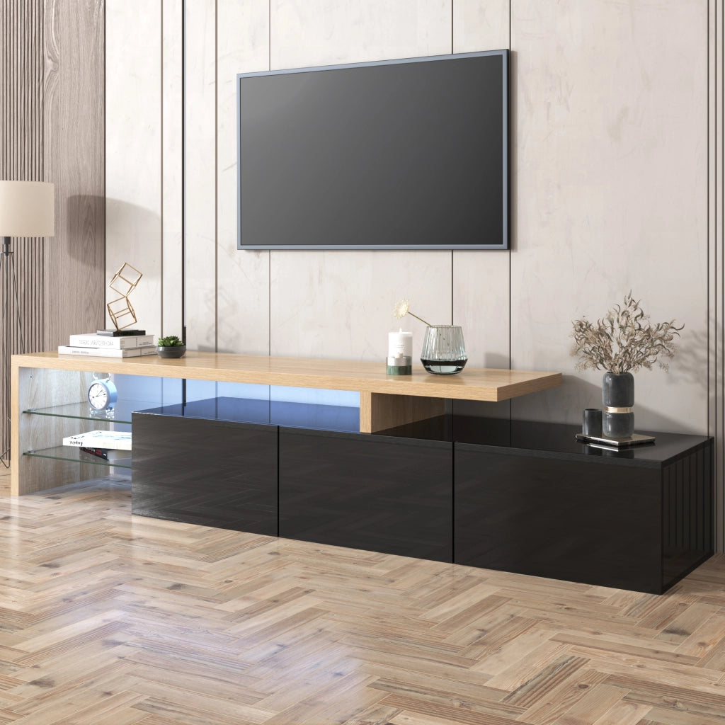 Cassettiera per TV Nero Naturale in MDF e vetro; lunghezza 197;5 cm