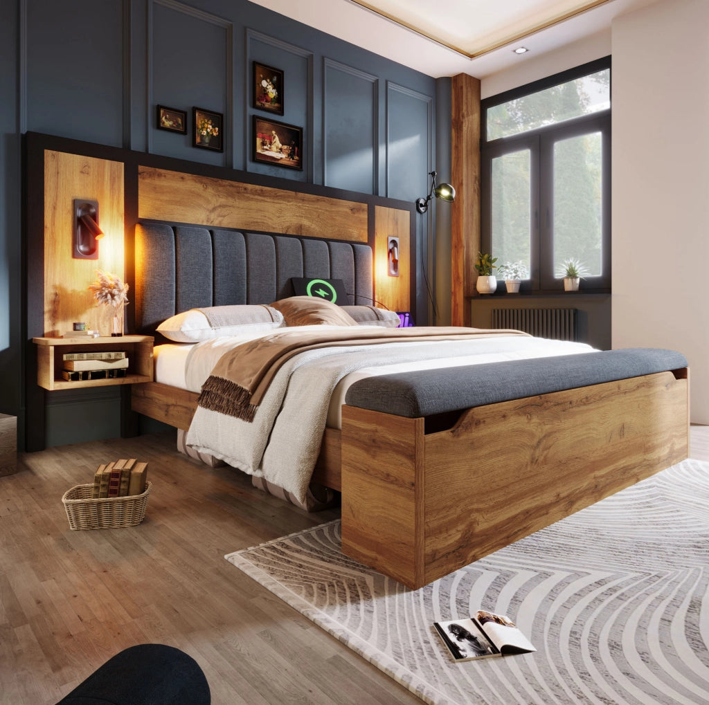Letto matrimoniale 180x200 cm con luci da lettura; USB C e panca contenitore; rovere