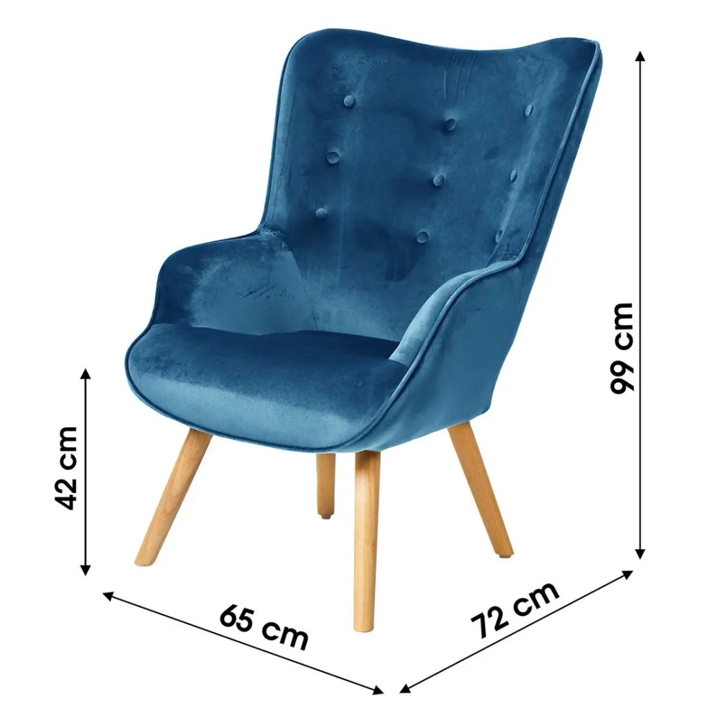 Poltrona da soggiorno in velluto blu notte con piedi in legno, collezione ENJOY. Stile scandinavo.