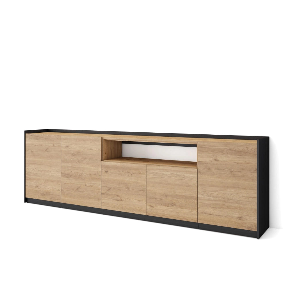 Credenza, Mobile, Cucina, 260x80x37 cm, 5 Porte, grande stoccaggio, Rovere e nero