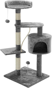 Albero Tiragraffi 112 cm 3 Piattaforme 1 Cuccia per Gatti 2 Palline 1 Corda da Gioco Affila Unghie Gatto