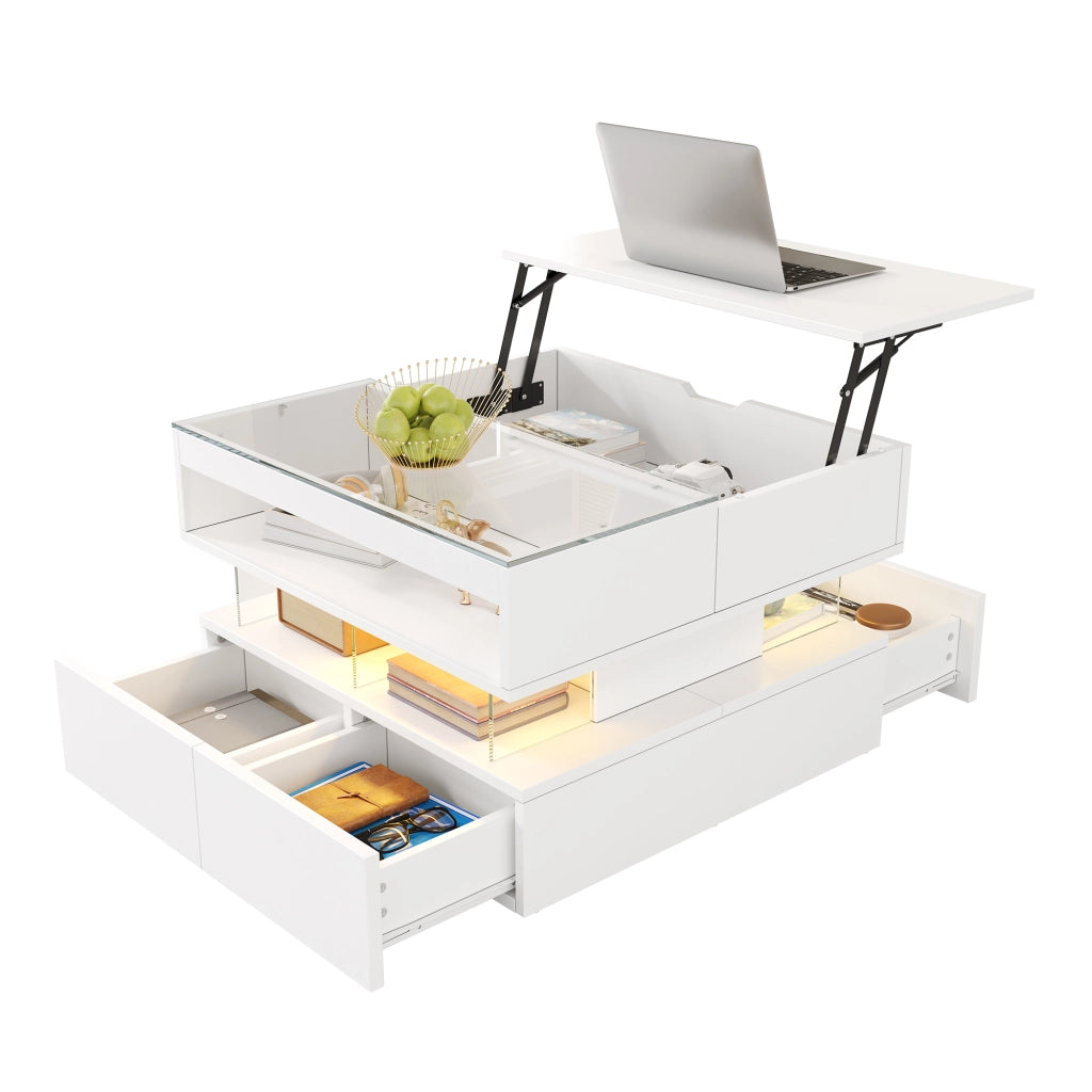 Tavolino da Salotto Alzabile con 2 Cassetti e Vani e LED 16 Colori; Piano in Vetro; in Pannello Truciolare; 70×67×57 cm; Bianco