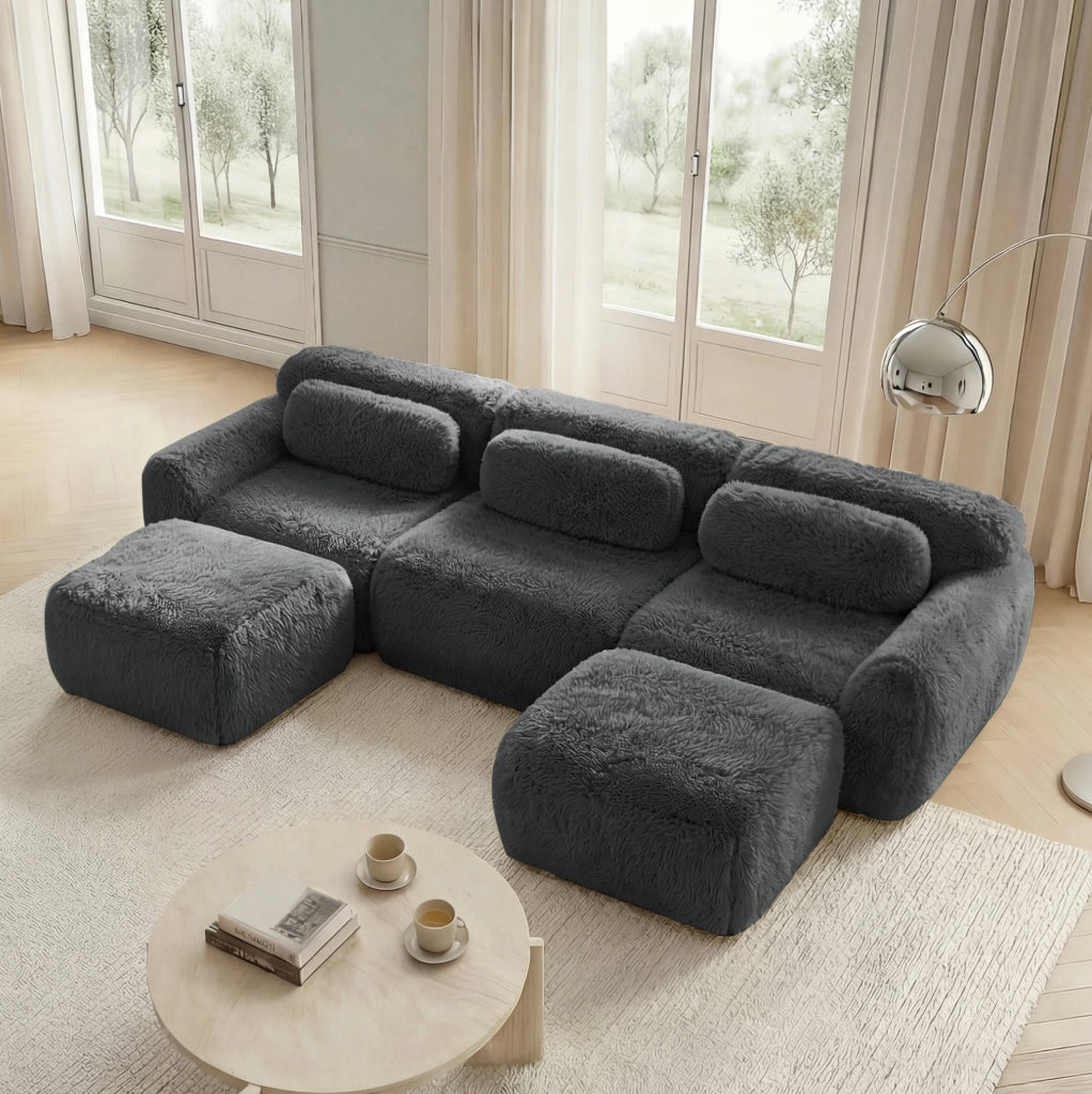 Divano modulare senza struttura in tessuto plush; 291×179×73 cm; grigio