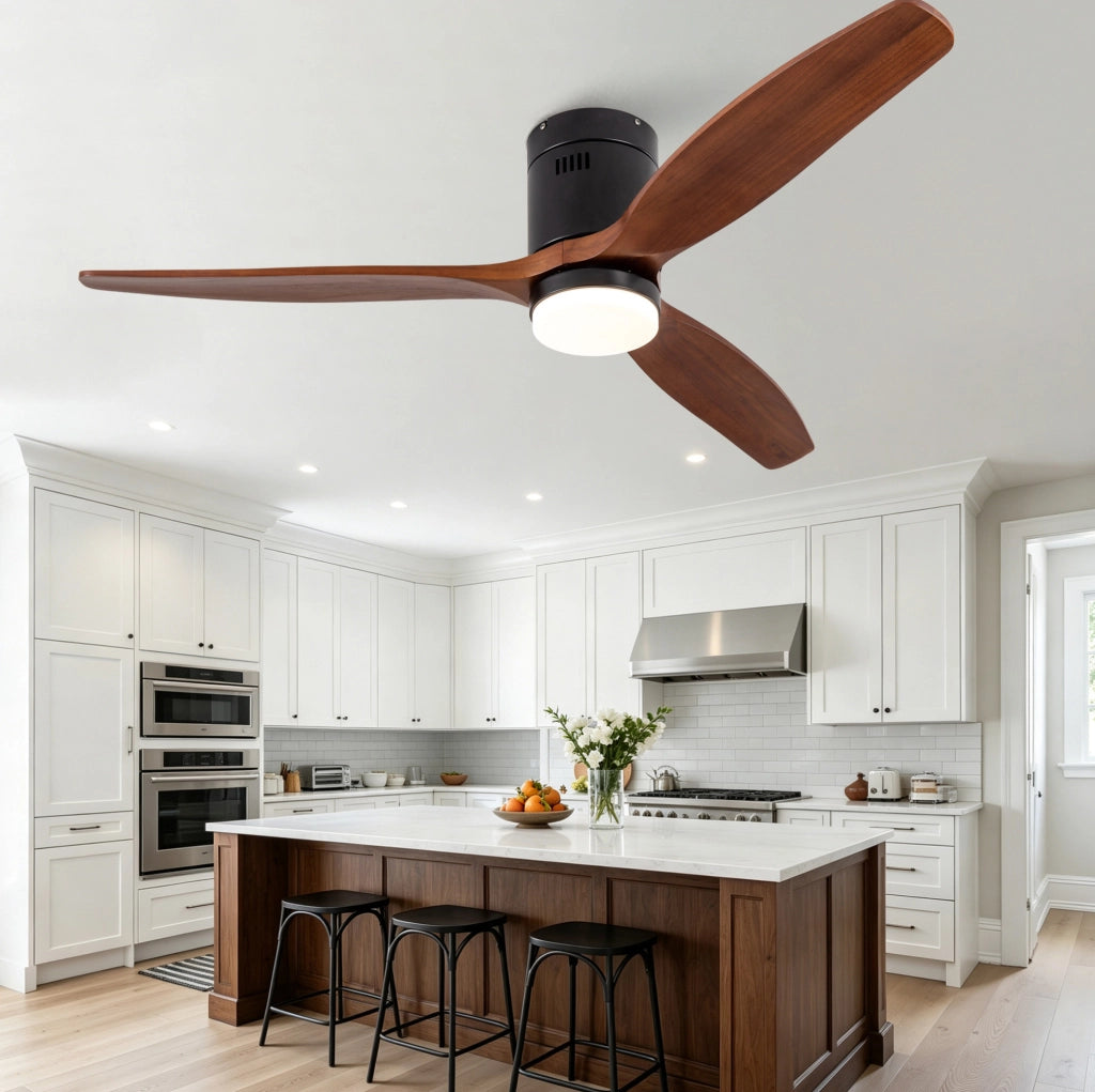 Ventilatore da soffitto 52 pollici a 3 pale con luce LED integrata; nero e noce scuro