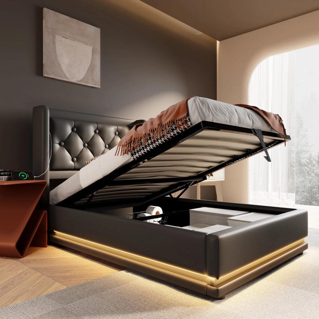 OKWISH Letto Contenitore 90×200 cm, Letto Singolo con Contenitore, USB, Tipo C e LED Regolabile, senza Materasso, in PU, Nero