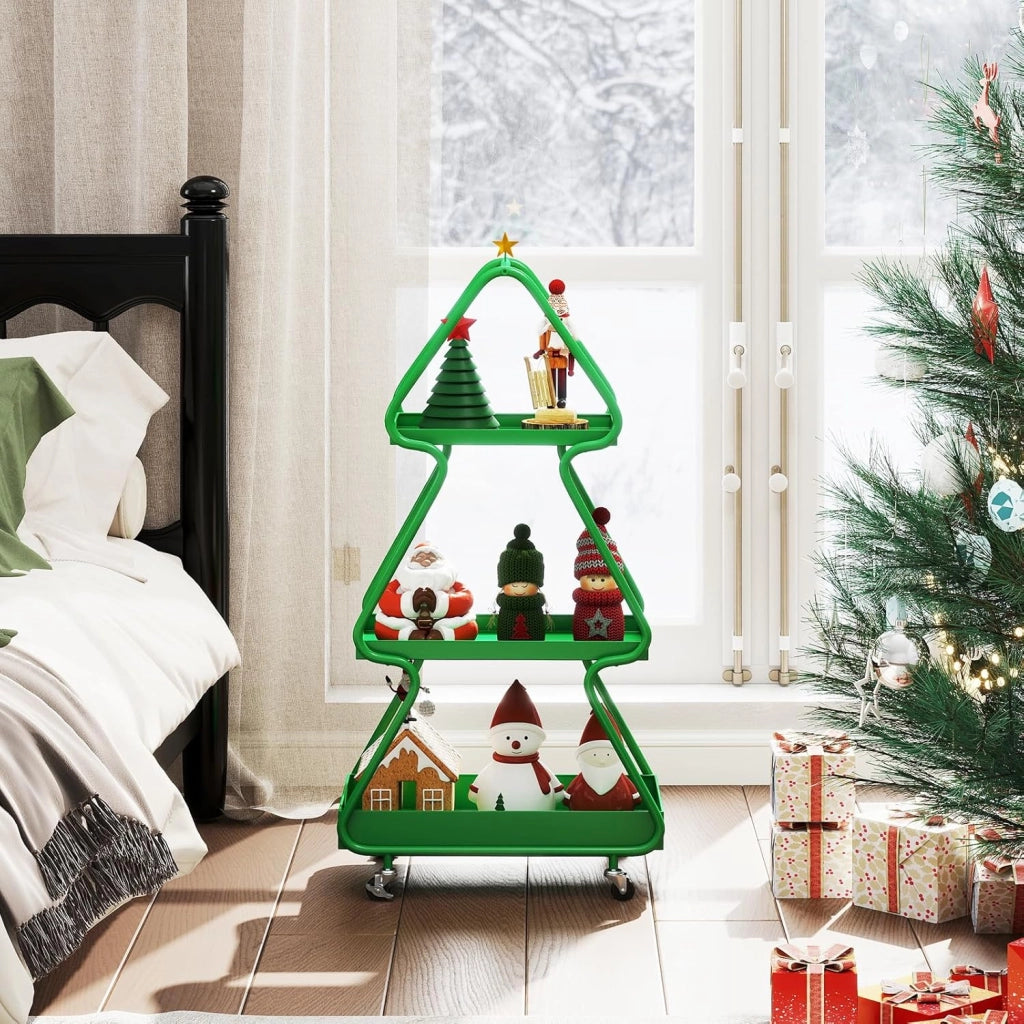 Carrello Natalizio Girevole a 3 Livelli, Carrello Porta Albero di Natale con Stella in Alto, Struttura Metallica con Ruote, per Soggiorno e Camera da Letto