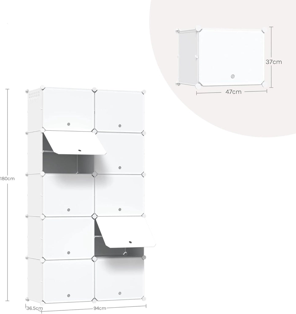 Scarpiera da Ingresso, Porta Scarpe con 10 Scomparti, Scarpiera Modulare per 40 Paia di Scarpe, Contenitore per Scarpe con Porte, in Plastica e Metallo, Bianco, 35x35x45cm/Scomparto