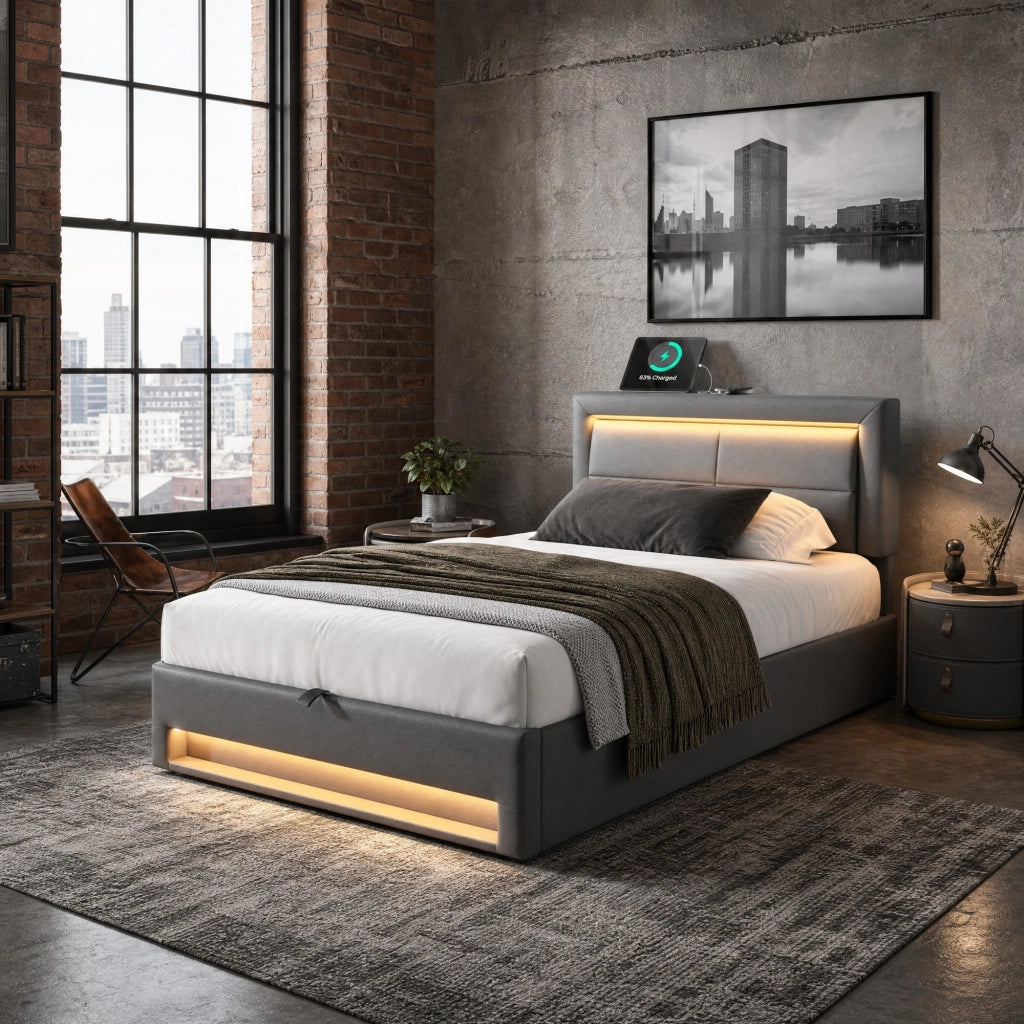 Letto imbottito 90x200 cm in PU grigio con USB; LED e contenitore; senza materasso
